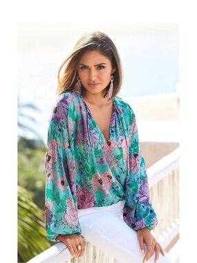 Boston Proper Peony Garden Print Embroidered Peasant Blouse